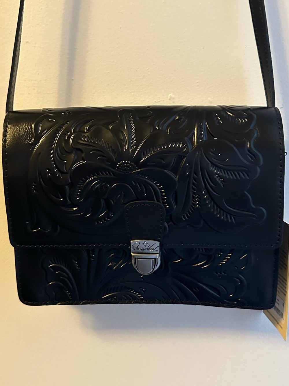 Patricia Nash Tooled Collection Black Embossed Floral Leather Crossbody